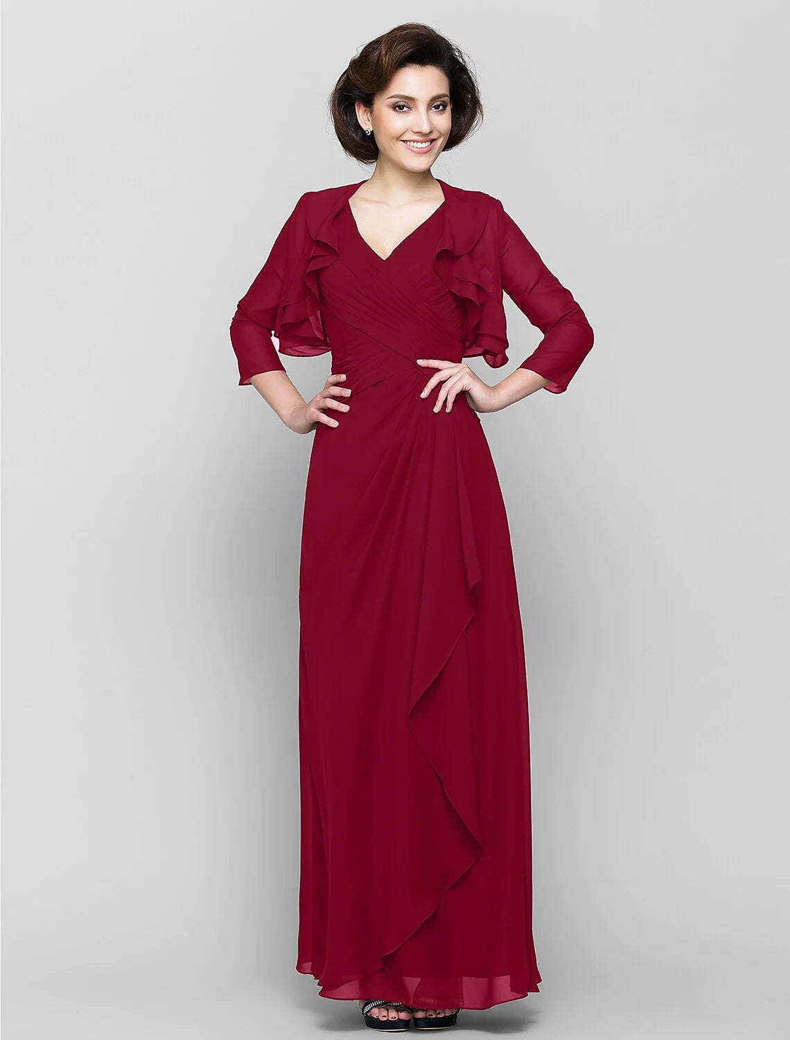 Wholesale Sheath / Column Mother of the Bride Dress Convertible Dress V Neck Floor Length Chiffon 3/4 Length Sleeve with Criss Cross Cascading Ruffles