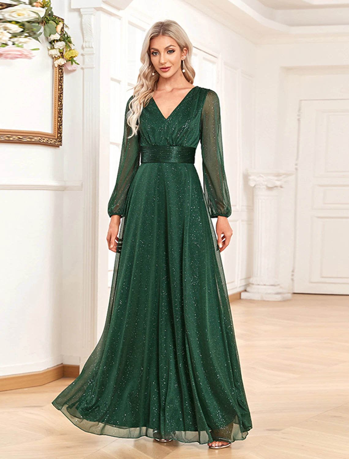 Wholesale  A-Line Evening Gown Sparkle & Shine Dress Formal Wedding Party Floor Length Long Sleeve V Neck Chiffon with Sequin