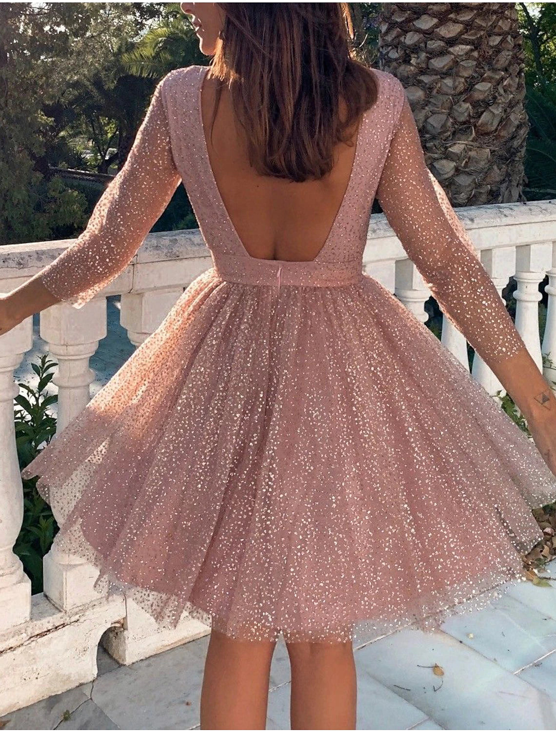 Wholesale A-Line Glittering Cute Homecoming Cocktail Party Dress Dress Jewel Neck 3/4 Length Sleeve Knee Length Tulle with Pleats Sequin