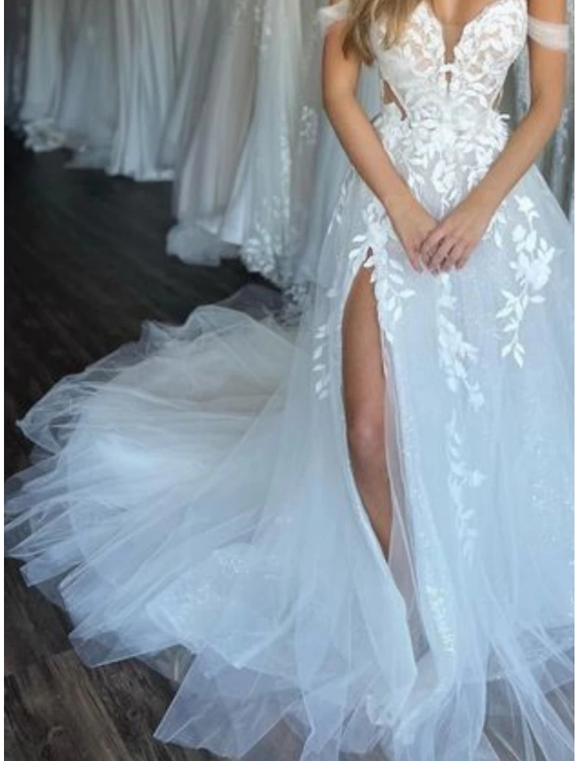 Wholesale Beach Formal Wedding Dresses A-Line Off Shoulder Sleeveless Court Train Lace Bridal Gowns With Pleats Split Front