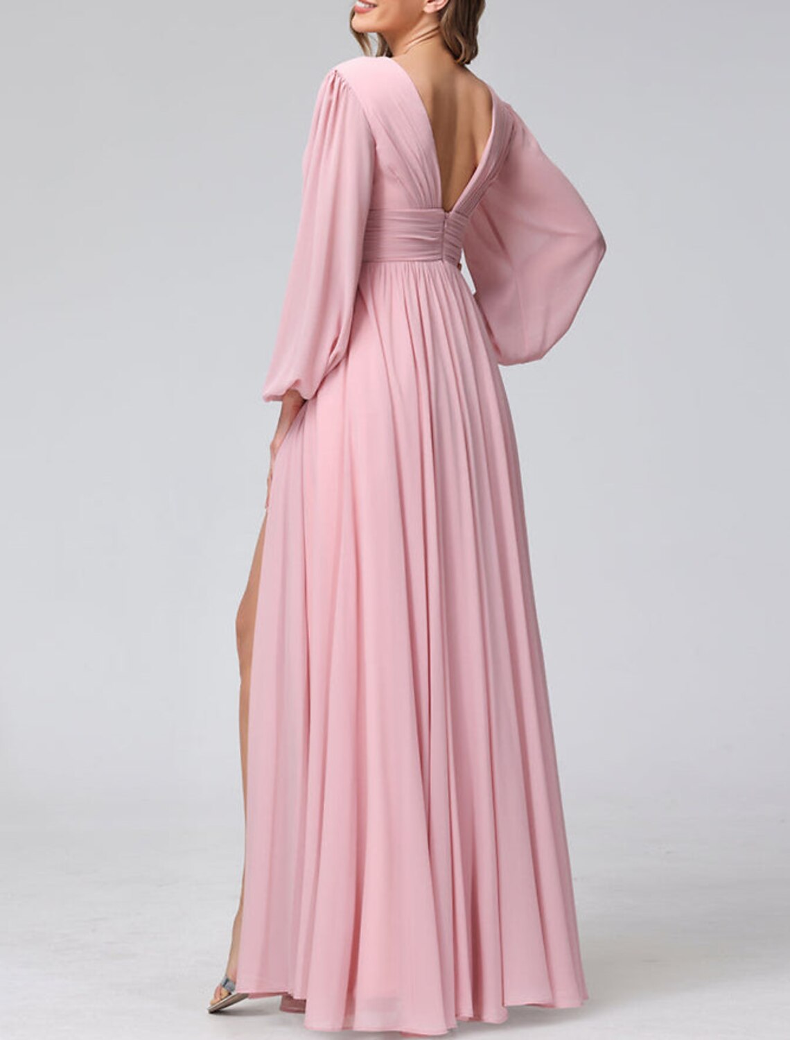 Wholesale A-Line Bridesmaid Dress V Neck Long Sleeve Pink Floor Length Chiffon with Split Front / Ruching