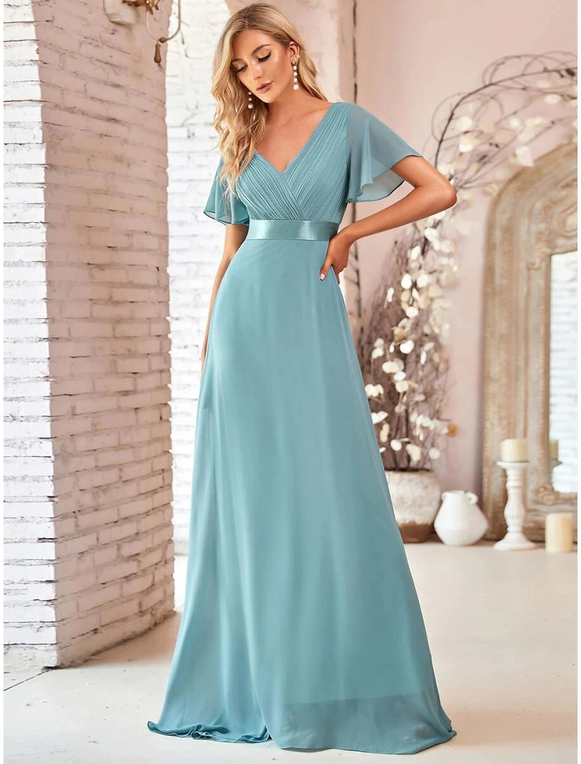 Wholesale  A-Line Evening Gown Empire Dress Wedding Guest Formal Evening Floor Length Short Sleeve V Neck Bridesmaid Dress Chiffon V Back with Ruffles