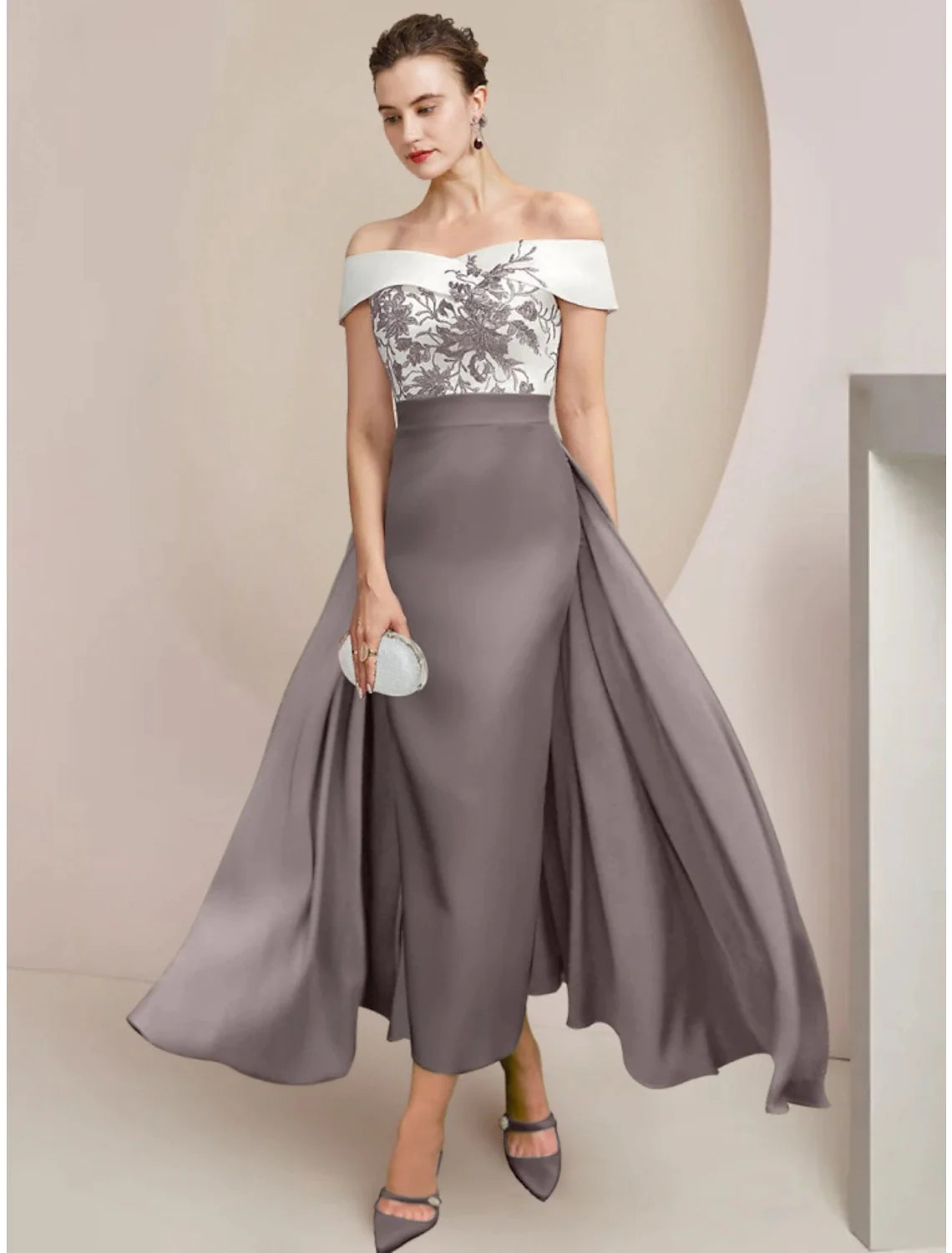 Wholesale A-Line Mother of the Bride Dress Wedding Guest Elegant Off Shoulder Ankle Length Stretch Fabric Short Sleeve with Appliques Ruching