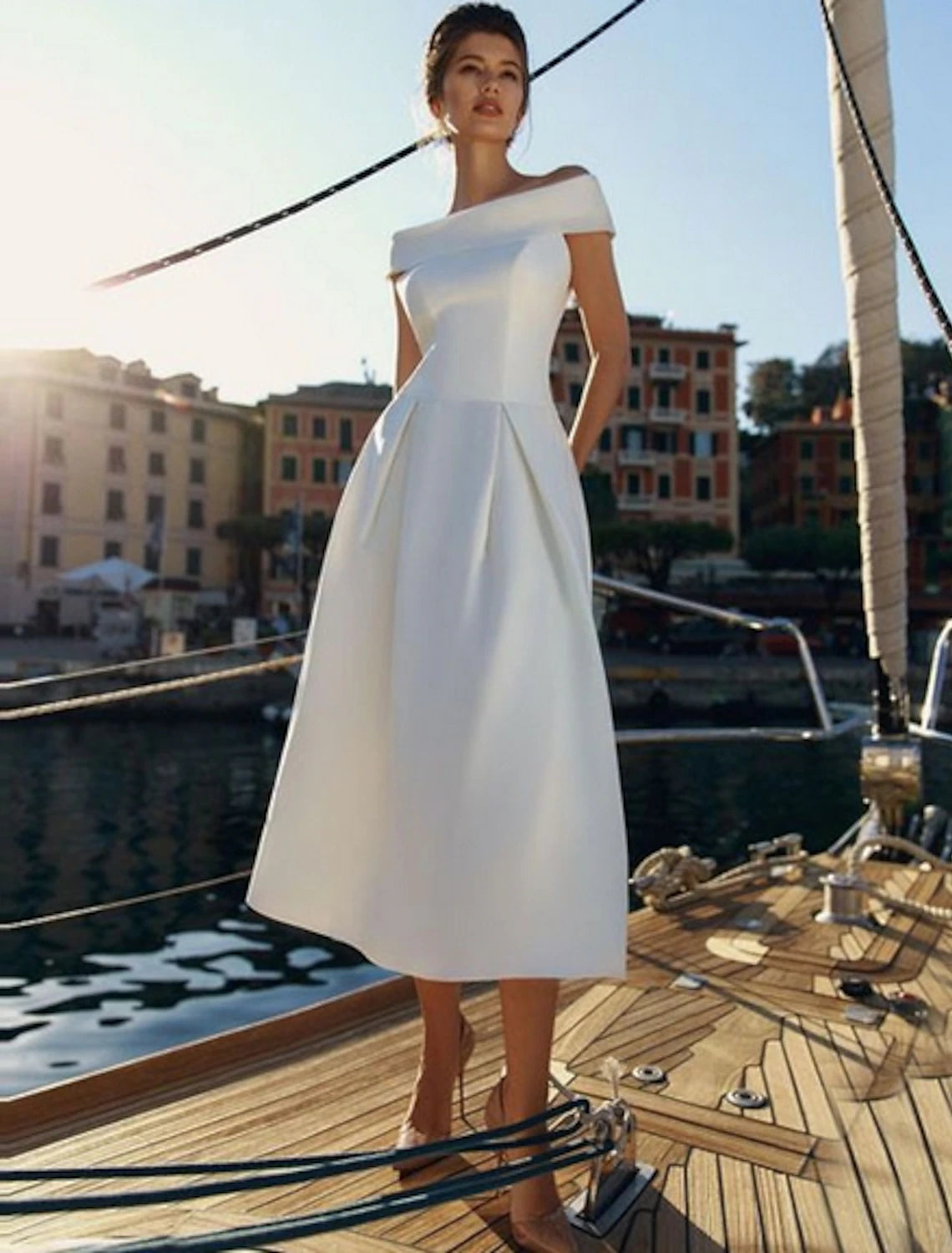 Wholesale A-Line Minimalist Holiday Cocktail Party Dress Off Shoulder Short Sleeve Ankle Length Satin with