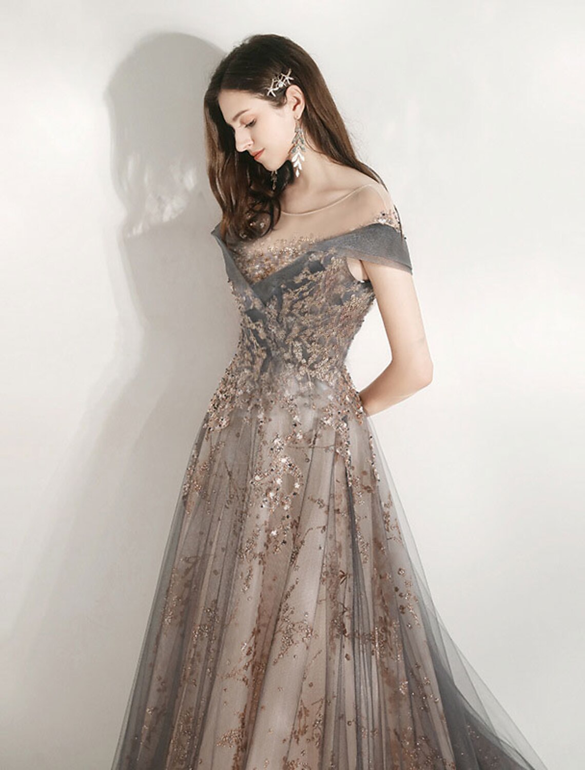 Wholesale A-Line Bridesmaid Dress Jewel Neck Short Sleeve Beautiful Back Floor Length Tulle with Crystals / Bandage