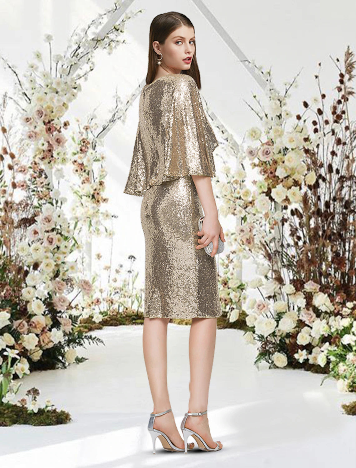 Wholesale Sheath / Column Cocktail Dresses Glittering Dress Graduation Cocktail Party Knee Length Half Sleeve V Neck Sequined with Sleek