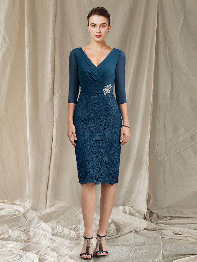 Wholesale Two Piece Sheath / Column Mother of the Bride Dress Church Elegant V Neck Knee Length Chiffon Lace Half Sleeve Jacket Dresses with Appliques Crystal Brooch