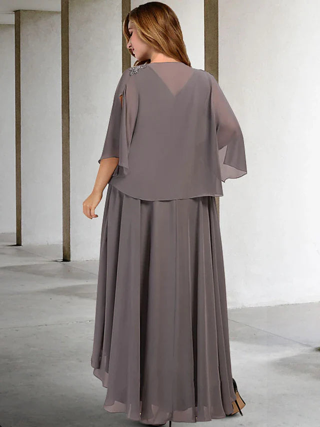 Wholesale Two Piece A-Line Plus Size Curve Mother of the Bride Dresses Elegant Dress Wedding Guest Tea Length Sleeveless V Neck Chiffon with Beading