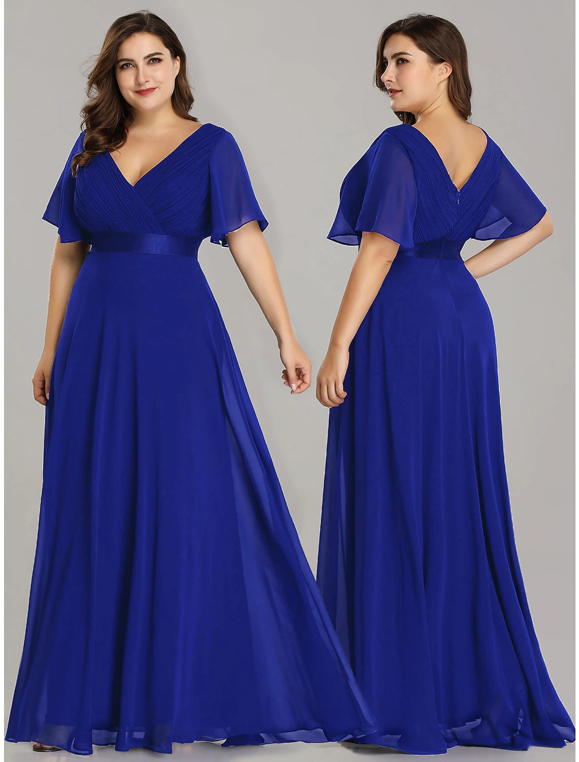 Wholesale A-Line Empire Fall Wedding Guest Dress For Bridesmaid Plus Size Formal Evening Dress V Neck Short Sleeve Floor Length Chiffon with Pleats Ruched