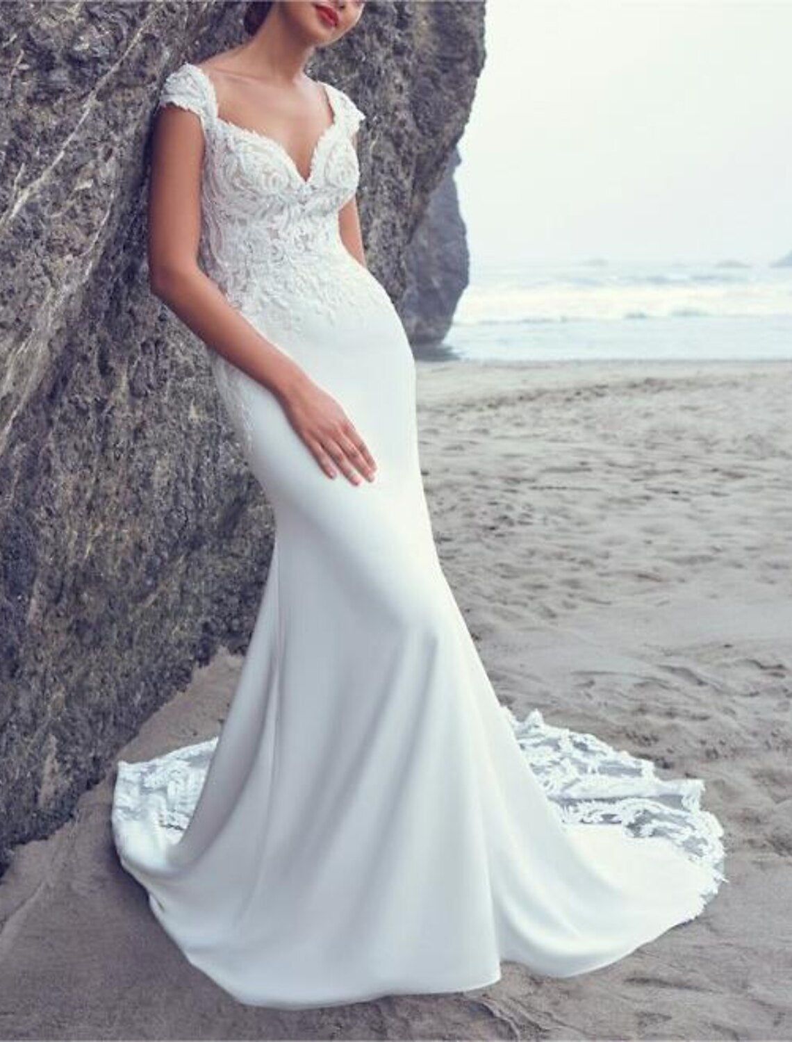 Wholesale Beach Boho Wedding Dresses Mermaid / Trumpet V Neck Cap Sleeve Court Train Chiffon OverSkirts Bridal Gowns With Embroidery Appliques