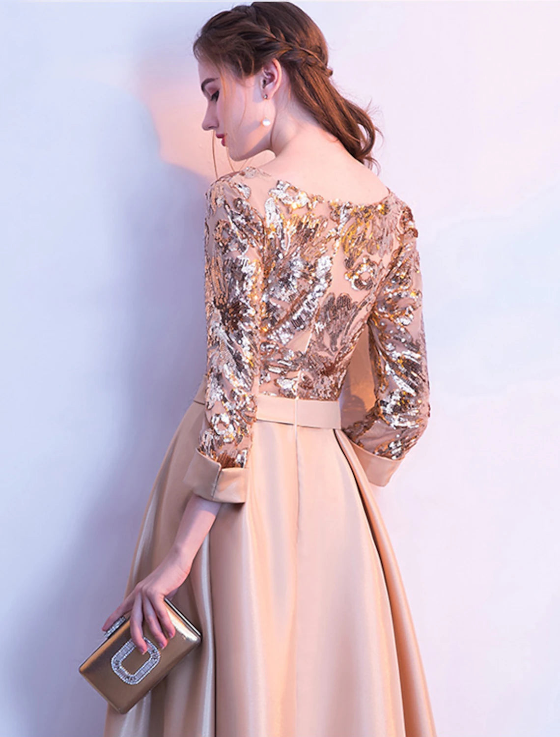 Wholesale  A-Line Glittering Elegant Prom Formal Evening Dress Jewel Neck 3/4 Length Sleeve Floor Length Satin with Sequin