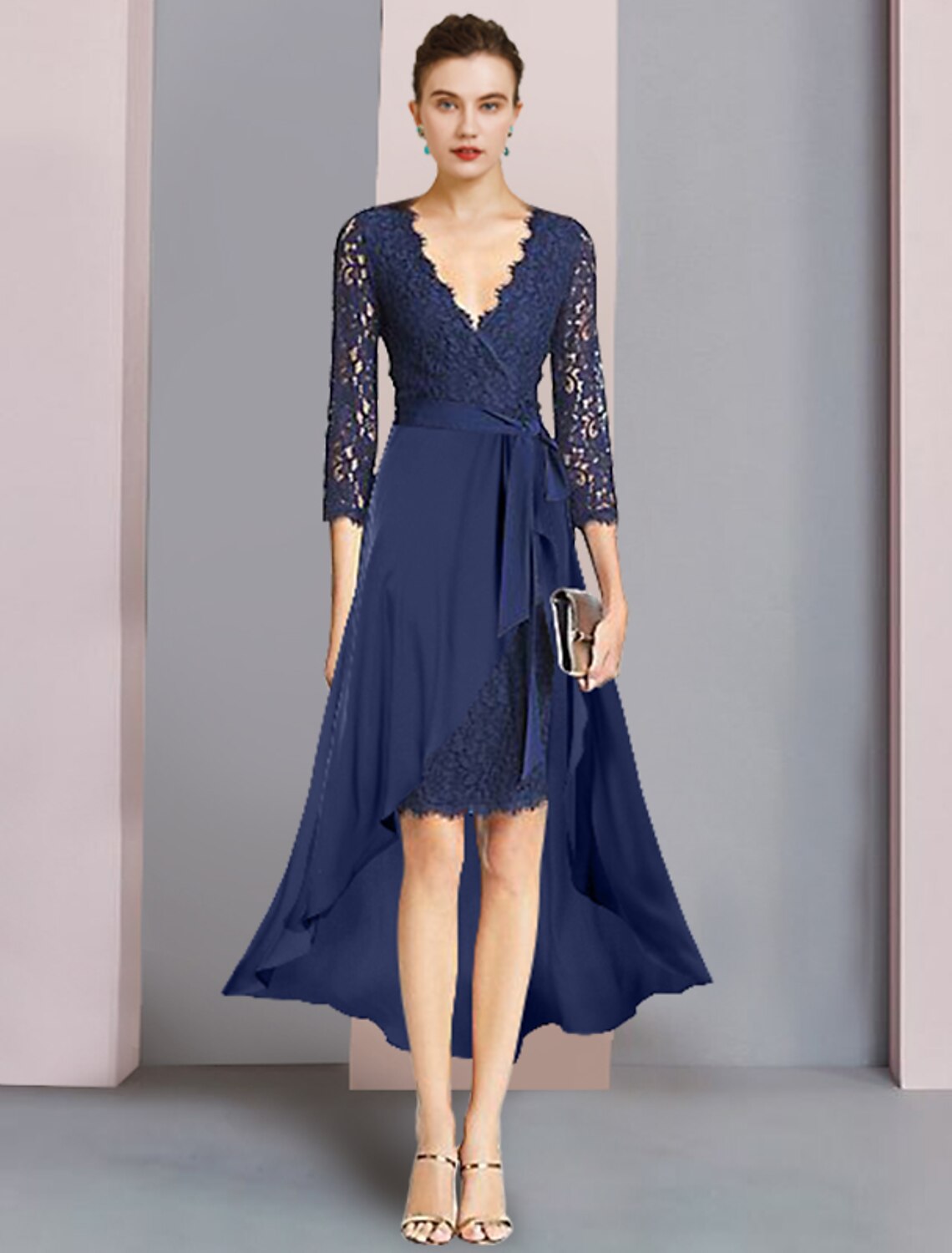 Wholesale  Two Piece Sheath / Column Mother of the Bride Dress Formal Wedding Guest Elegant V Neck Knee Length Chiffon Lace 3/4 Length Sleeve with Bow(s)