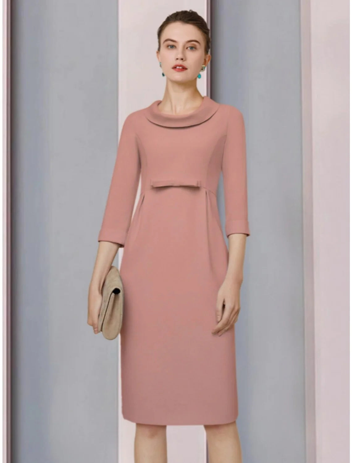 Wholesale A-Line Mother of the Bride Dress Wedding Guest Elegant Petite Jewel Neck Knee Length Satin 3/4 Length Sleeve with Bow(s) Ruching Solid Color