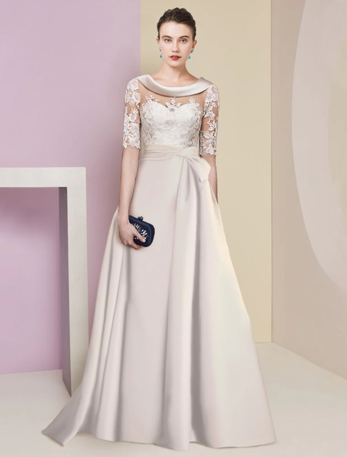 Wholesale  A-Line Mother of the Bride Dress Formal Elegant Scoop Neck Floor Length Satin Lace Half Sleeve with Appliques