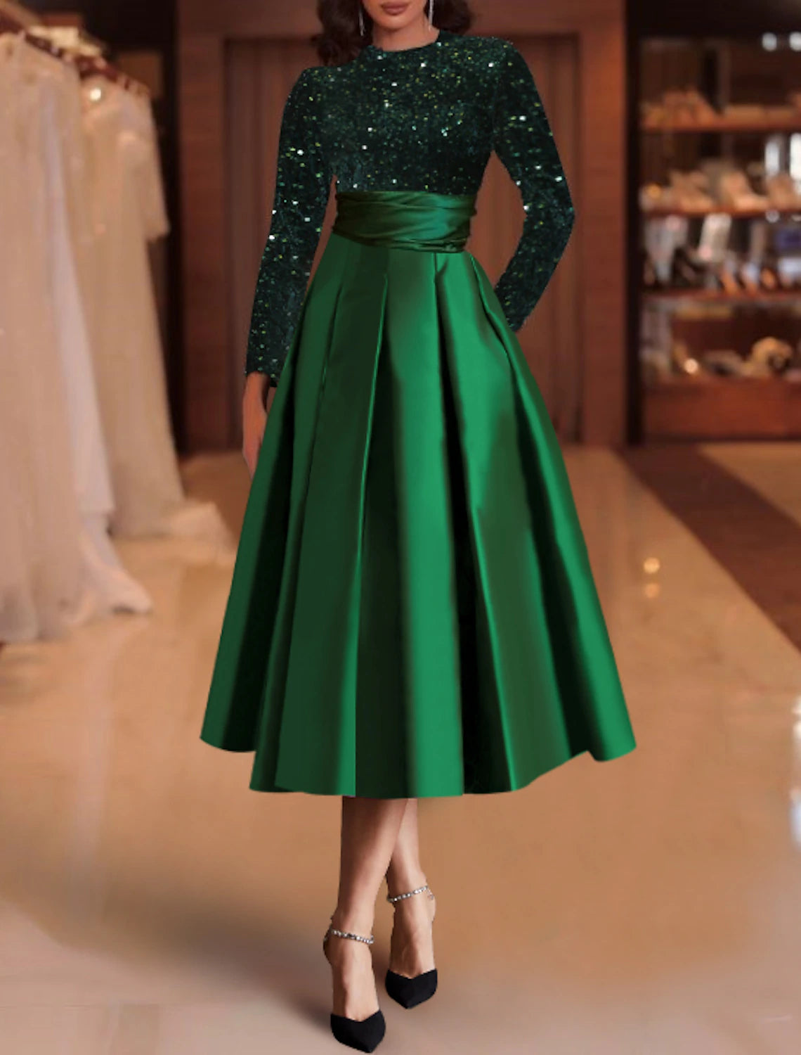 Wholesale A-Line Cocktail Dresses Elegant Dress Christmas Red Green Dress Wedding Guest Tea Length Long Sleeve Jewel Neck Satin with Pleats Sequin