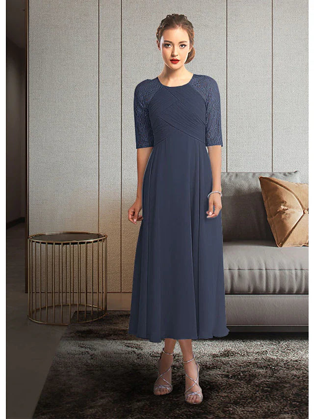 Wholesale A-Line Mother of the Bride Dress Elegant Jewel Neck Tea Length Chiffon Lace Half Sleeve with Pleats Ruching