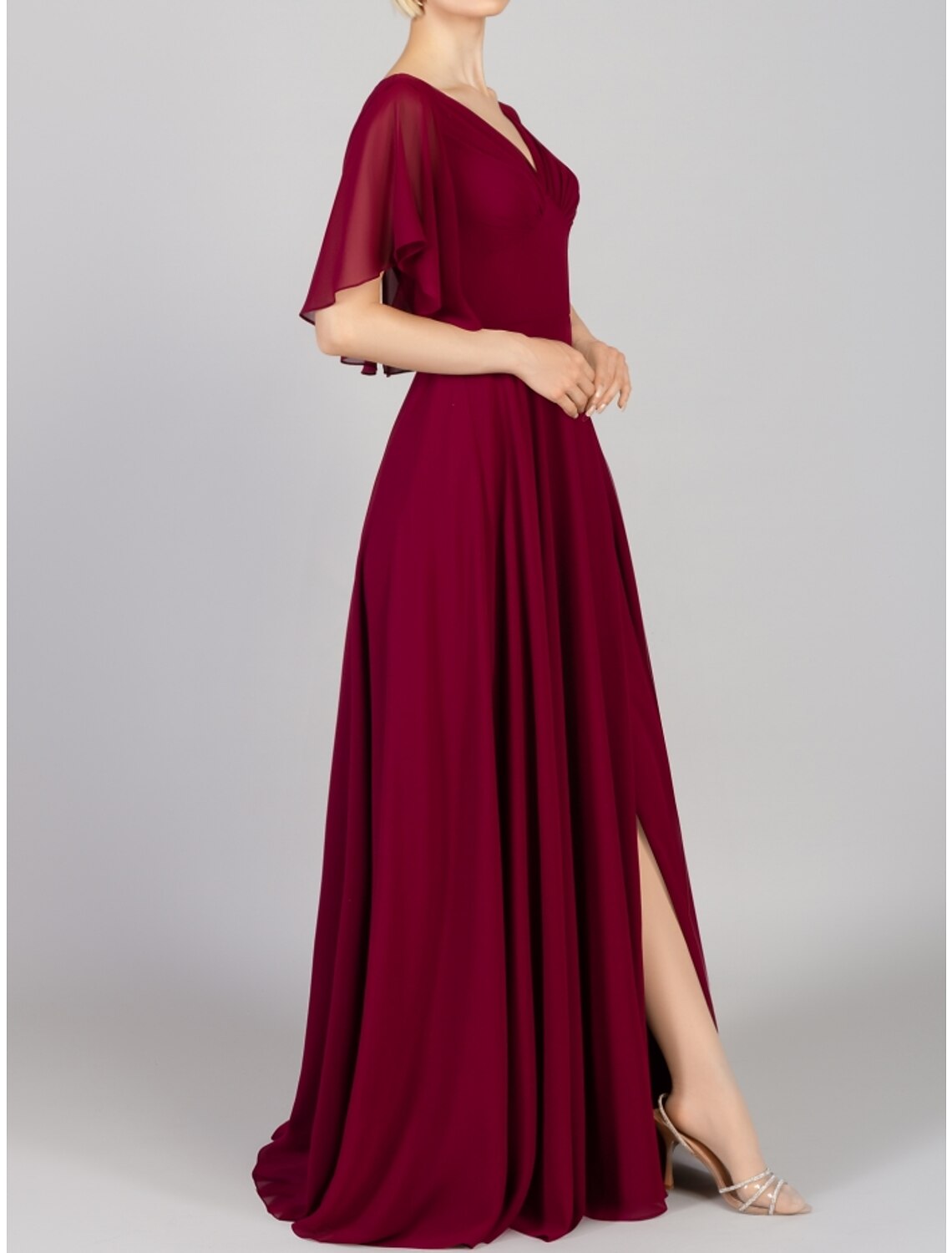 Wholesale A-Line Bridesmaid Dress V Neck Short Sleeve Elegant Floor Length Chiffon with Split Front / Ruching