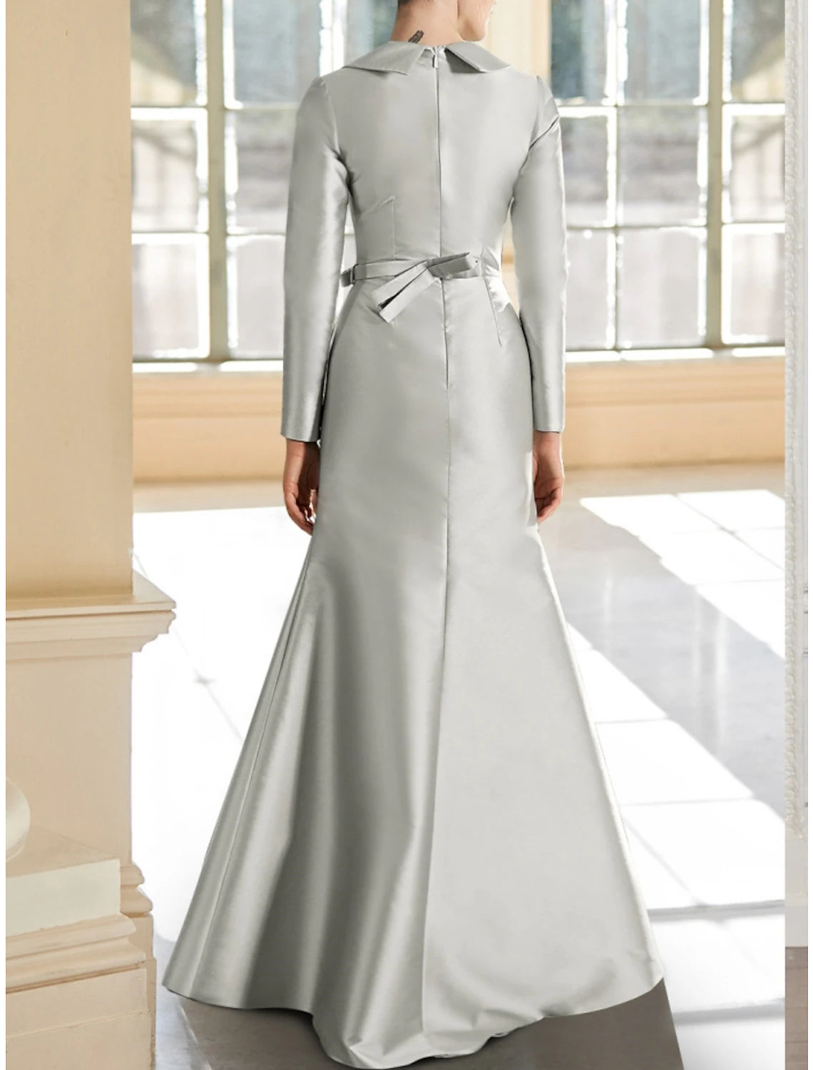 Wholesale Mermaid / Trumpet Mother of the Bride Dress Wedding Guest Elegant V Neck Floor Length Satin Long Sleeve with Bow(s) Ruching