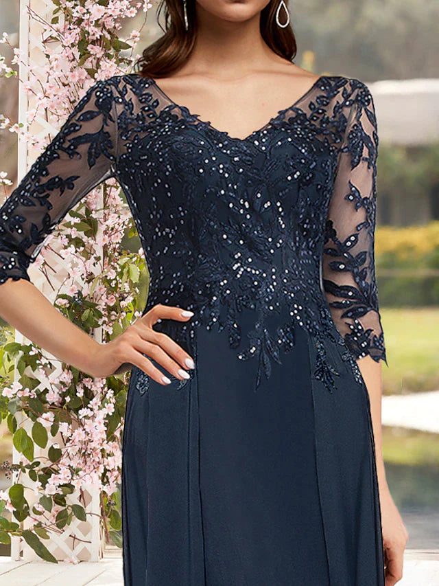 Wholesale Sheath / Column Mother of the Bride Dress Elegant Sparkle & Shine V Neck Floor Length Chiffon Lace 3/4 Length Sleeve with Sequin Appliques