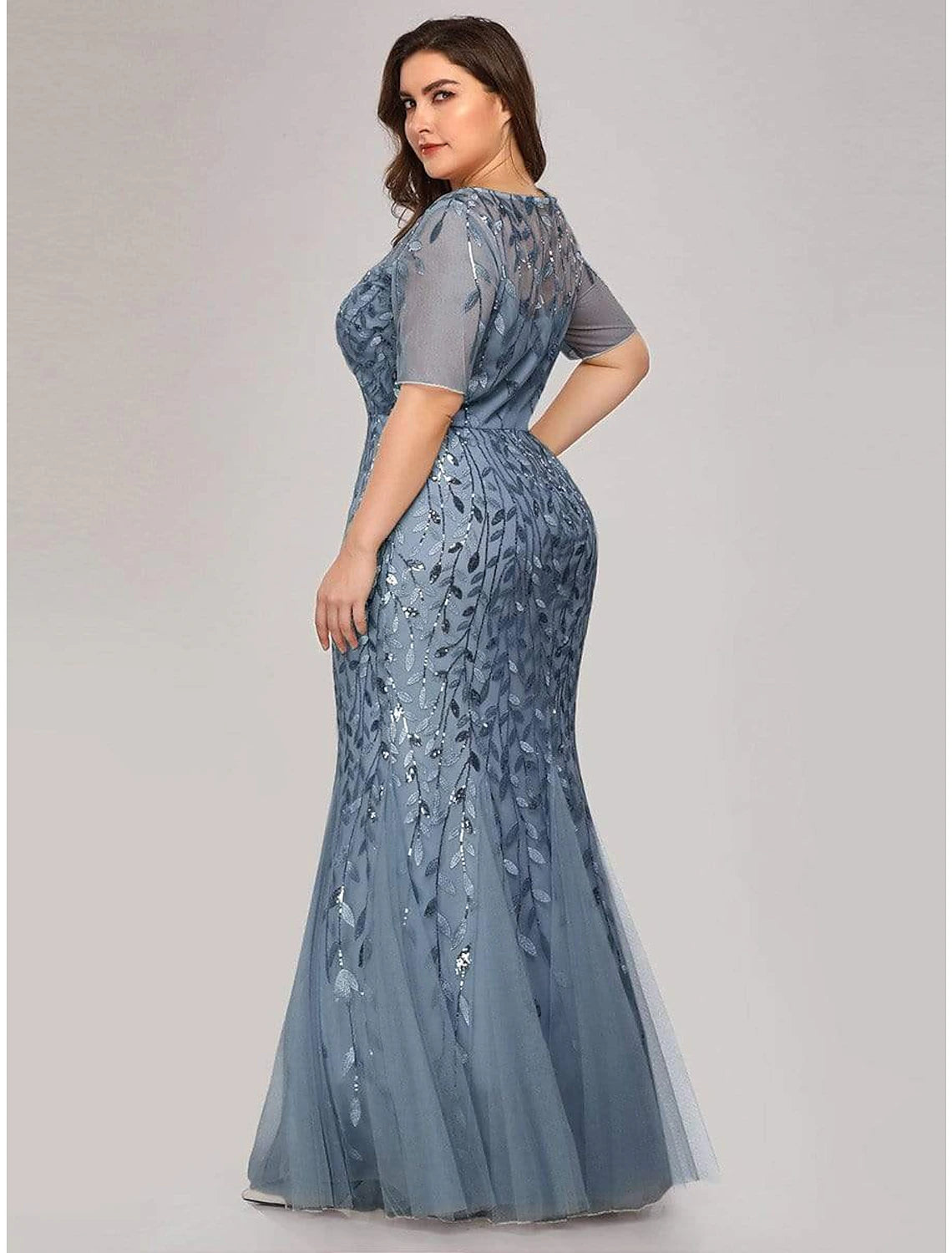 Wholesale Mermaid / Trumpet Empire Elegant Party Wear Formal Evening Dress Jewel Neck Short Sleeve Floor Length Tulle with Embroidery