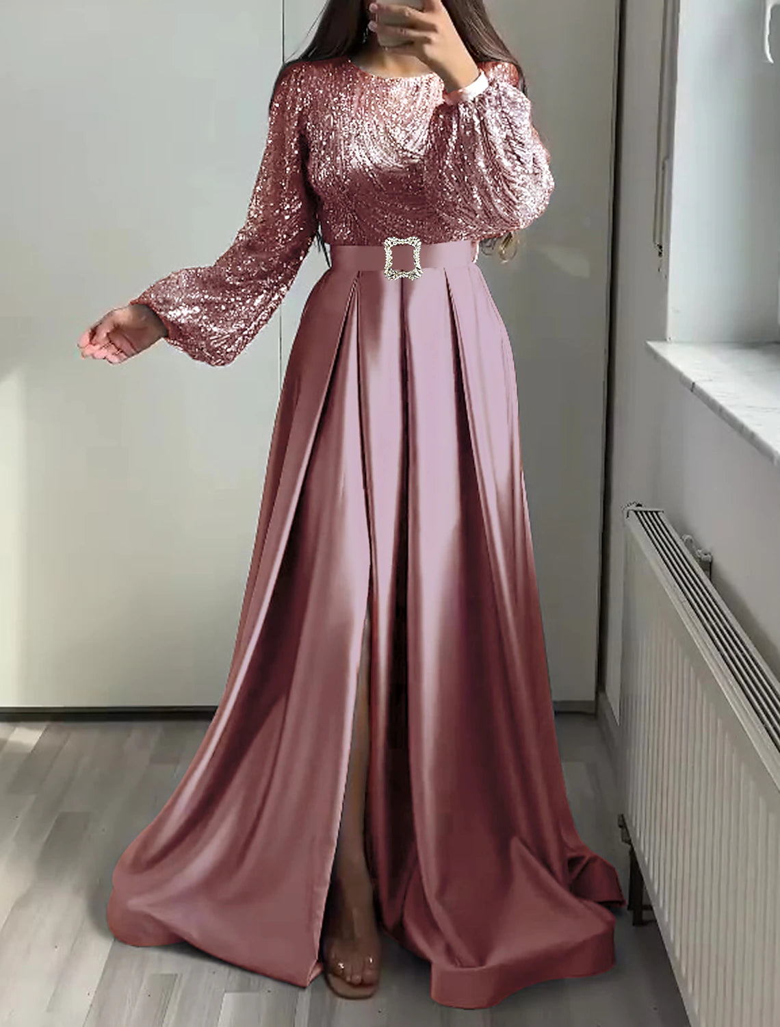 Wholesale A-Line Evening Gown Elegant Dress Wedding Black Tie Floor Length Long Sleeve Jewel Neck Fall Wedding Guest Satin with Sequin
