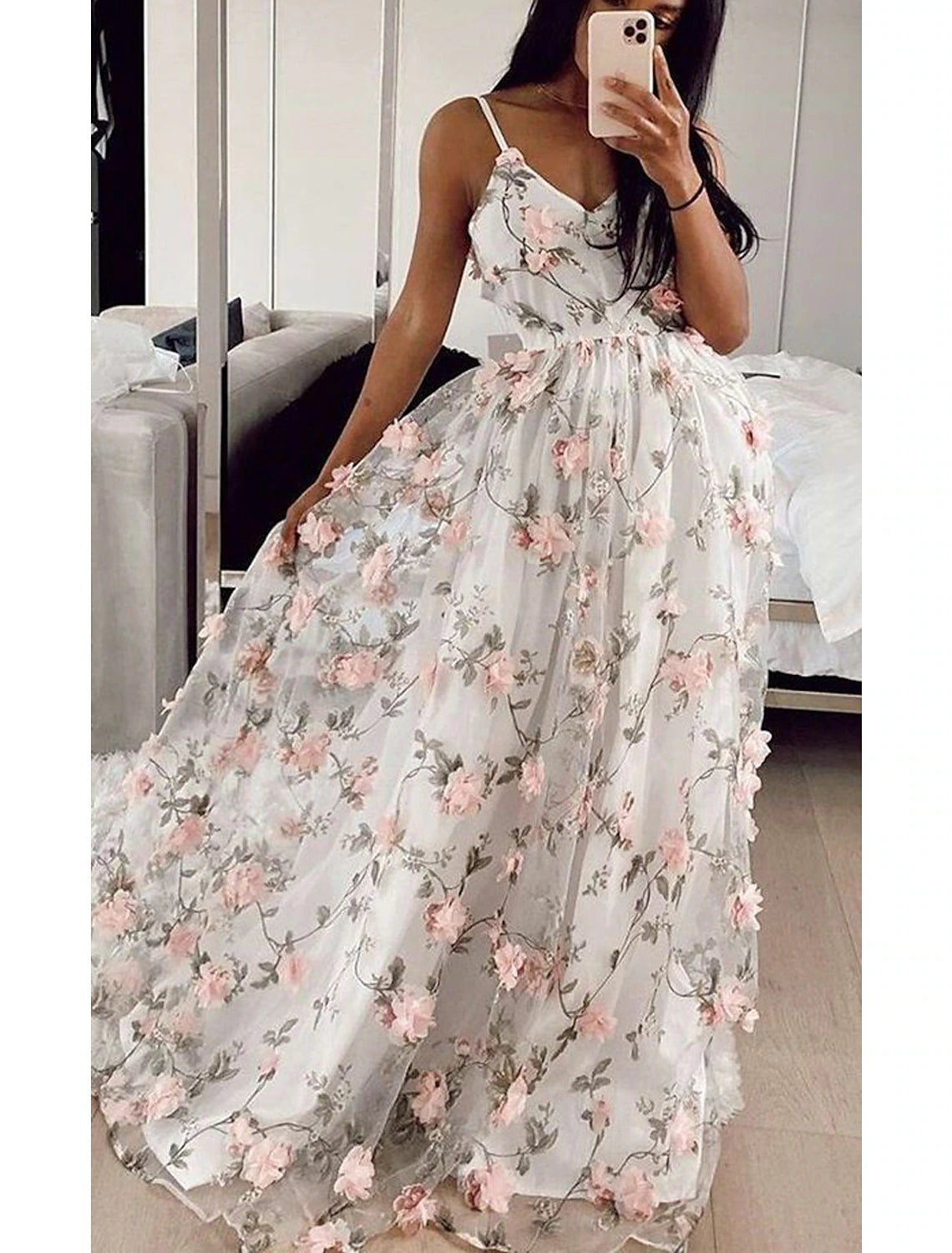 Wholesale  A-Line Prom Dresses Floral Dress Formal Wedding Party Floor Length Sleeveless V Neck Lace with Floral Print