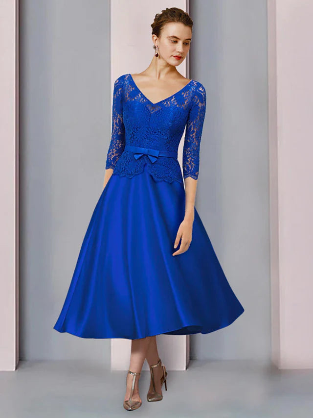 Wholesale A-Line Mother of the Bride Dress Formal Wedding Guest Party Elegant V Neck Tea Length Satin Lace Half Sleeve with Bow(s) Appliques