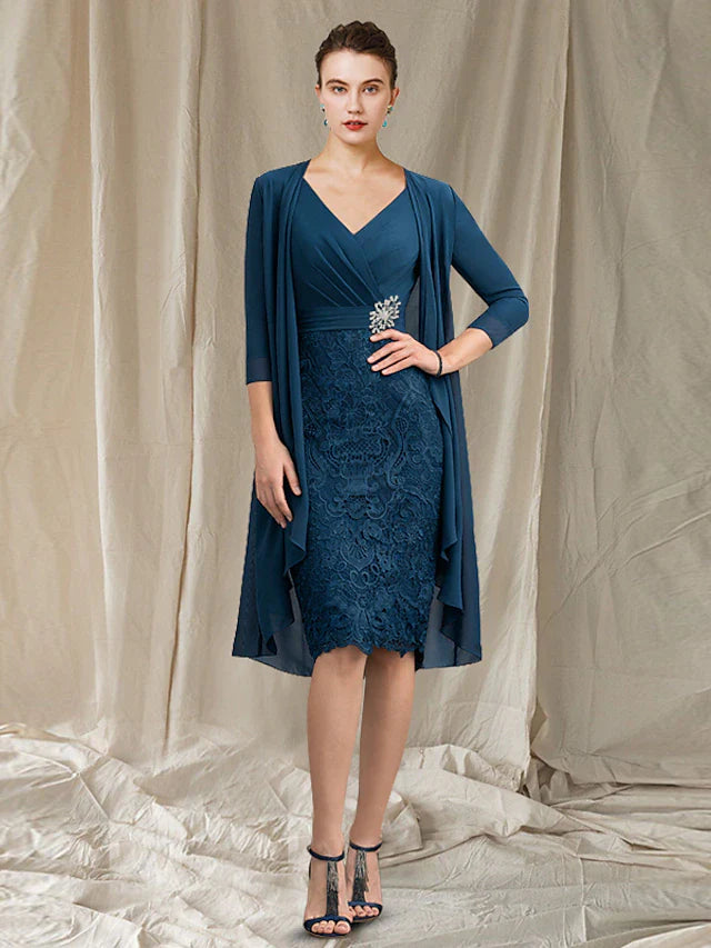 Wholesale Two Piece Sheath / Column Mother of the Bride Dress Church Elegant V Neck Knee Length Chiffon Lace Half Sleeve Jacket Dresses with Appliques Crystal Brooch