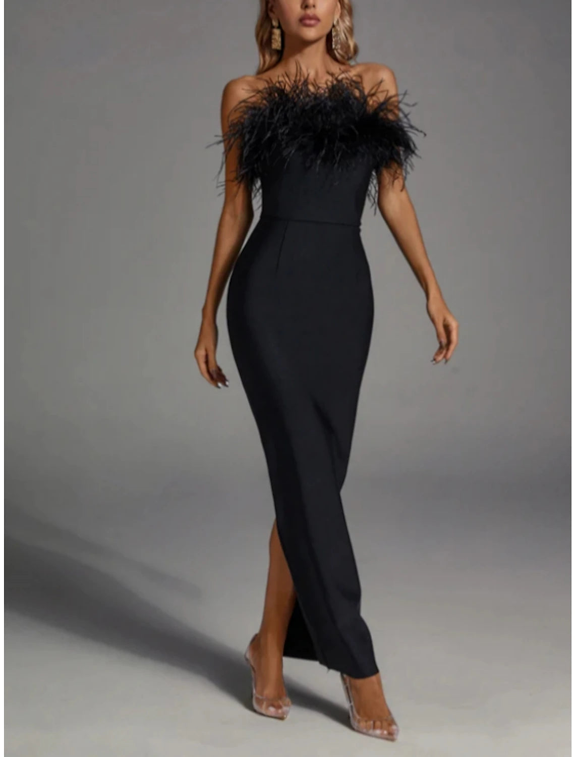 Wholesale Black Sheath / Column Evening Gown Elegant Dress Formal Fall Ankle Length Sleeveless Strapless Stretch Fabric with Feather Slit