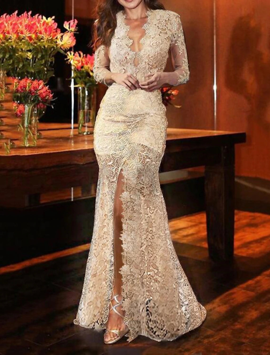 Wholesale Mermaid / Trumpet Evening Gown Sexy Dress Formal Wedding Guest Sweep / Brush Train Long Sleeve V Neck Fall Wedding Reception Lace with Slit Appliques