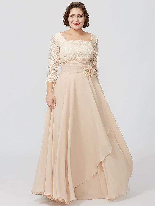 Wholesale Sheath / Column Mother of the Bride Dress Formal Classic & Timeless Elegant & Luxurious Plus Size Square Neck Floor Length Chiffon Metallic Lace 3/4 Length Sleeve No with Sash / Ribbon Flower