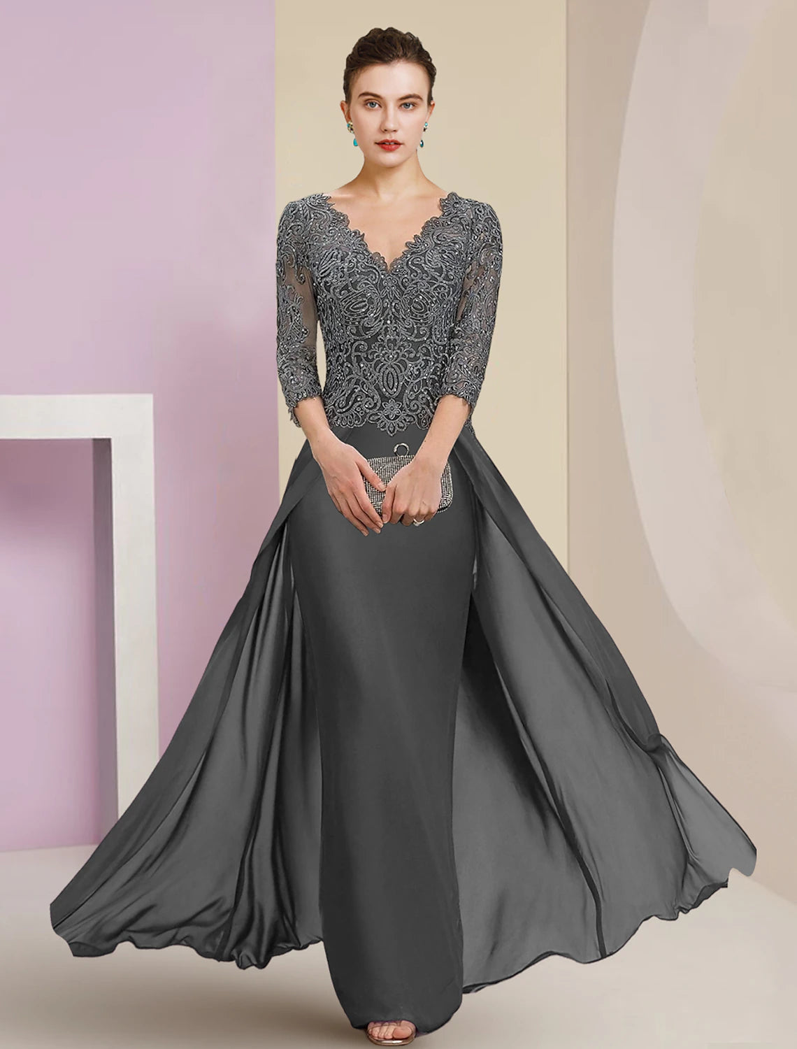 Wholesale Sheath / Column Mother of the Bride Dress Formal Wedding Guest Elegant V Neck Floor Length Chiffon Lace 3/4 Length Sleeve with Appliques